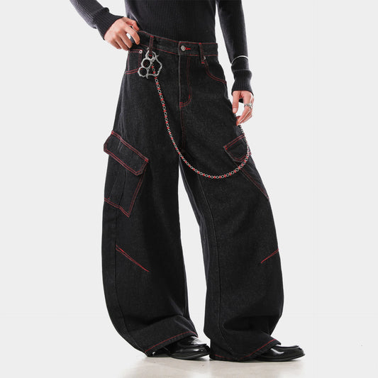 American Retro Washed Denim Jeans Multi Pocket Loose Slimming Long Trousers Straight Cut Mid Waist Zipper Fly Casual Jeans