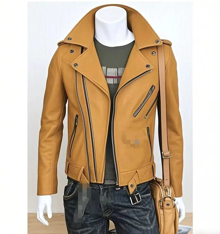 Winter and Autumn Men's Oversized Button-down PU Leather Coat with Multiple Zippers Polo Jacket, with Many Zippers