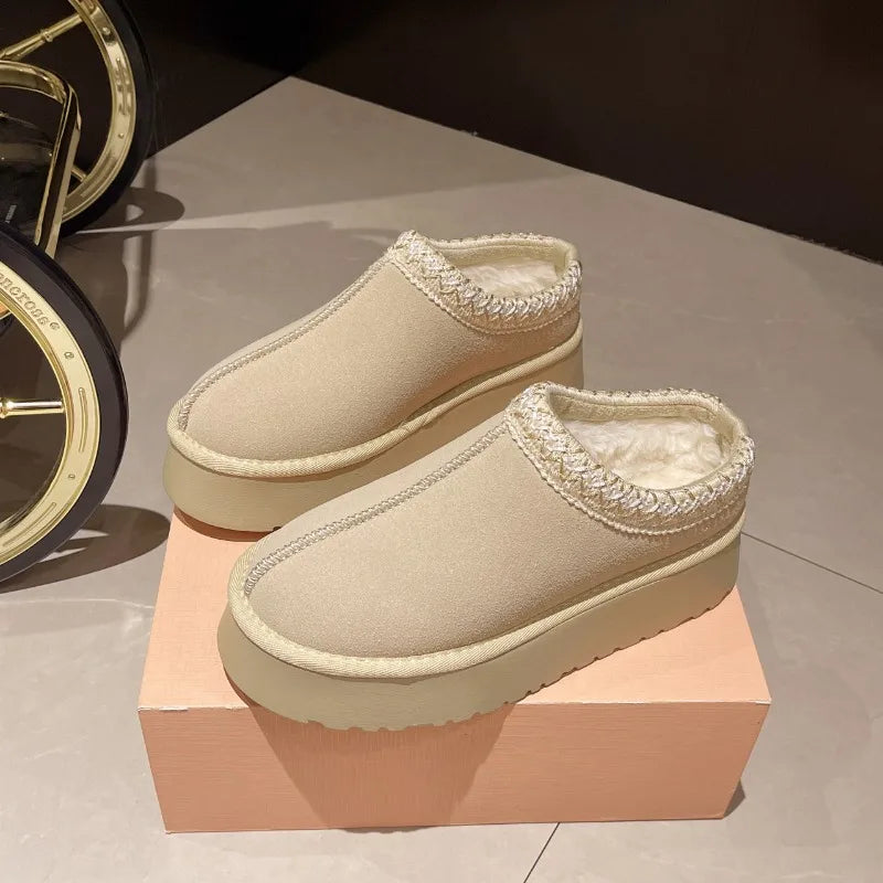 Snow Boots Women 2026 Winter New Short Cashmere Warm Thick-soled Shoes Without Heels Wool Half Slippers Women's Cotton Shoes
