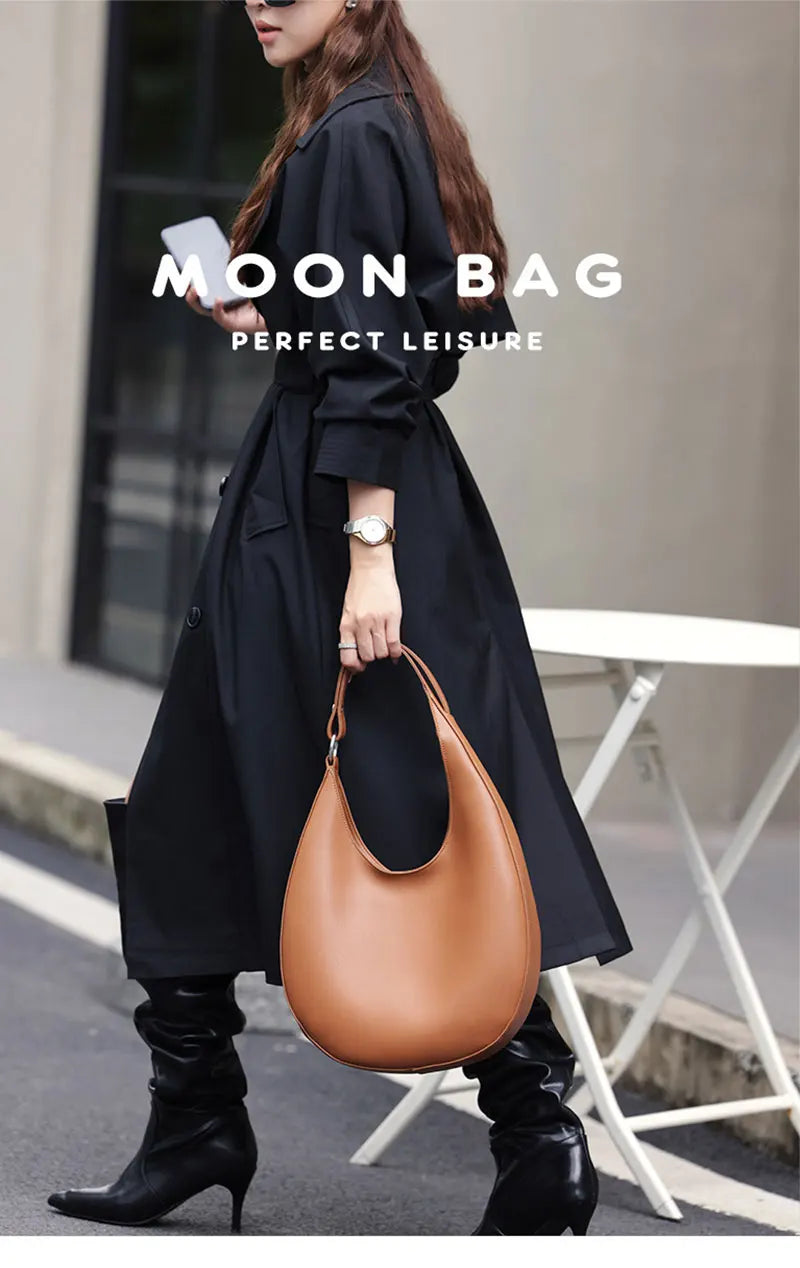 Genuine Leather Women Tote Bags Fashion Luxury Designer Women's Shoulder Bag Quality Cowhide Large Capacity Half Moon Handbags