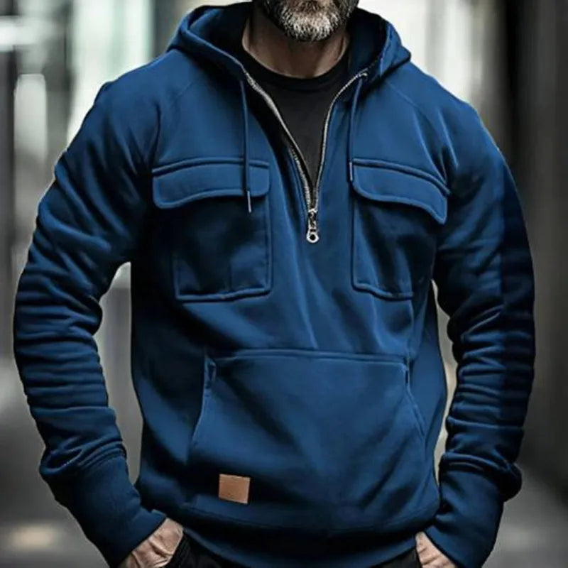Autumn Winter Hoodies Men half-zip Patchwork Warm Fleece Sweatshirts Multi Pockets Male Fashion casual pullover Outdoor Hoodie