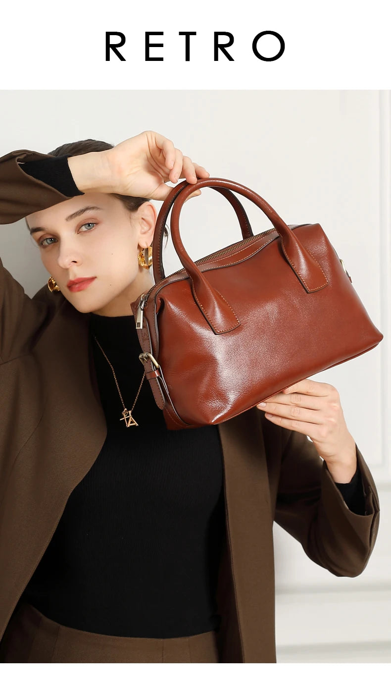 BURMINSA Genuine Cowhide Leather Handbags For Women Retro Pillow Top Handle Bags Bowling Daily Work Crossbody Shoulder Purses