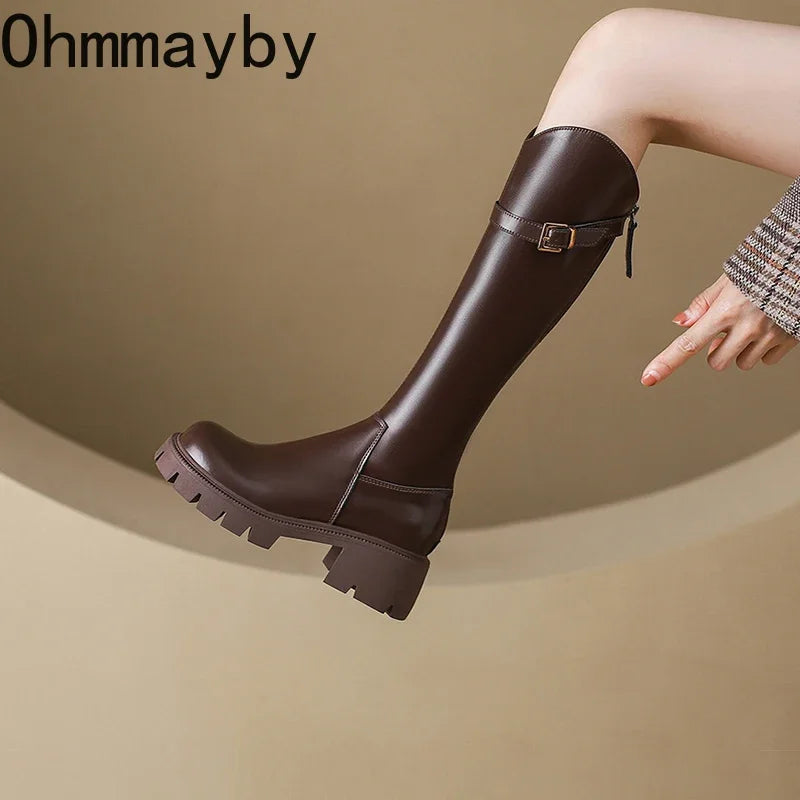 Fur Lining Women Knee High Boots Fashion Knight Long Booties Square High Heels Autumn Winter Warm Short Plush Shoes