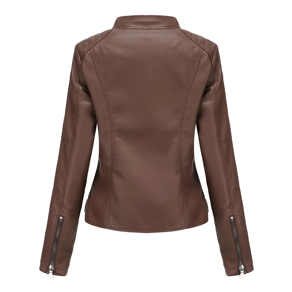 Women's Leather Jacket Women's Slim-Fit Jacket Thin Autumn Jacket Women's Biker Jacket Large Size Standing Collar Leather Jacket