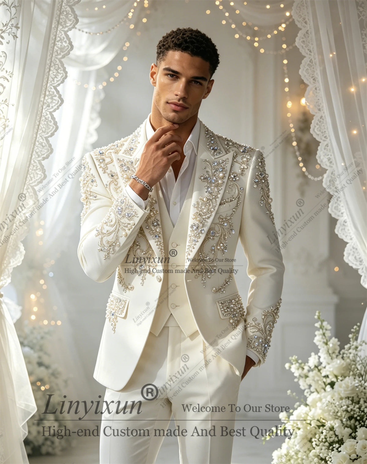 Elegant Diamond  Men Suits Set 3 Pcs Blazer Pants Trousers Luxury Wedding Tuxedo Formal Business Groom Coat Customized