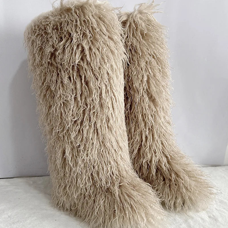 New Over The Knee Fur Boots Women Warm 72CM Long Faux Mongolian Fur Snow Boots Winter Luxury Fluffy Shoes Plush Platform Shoes