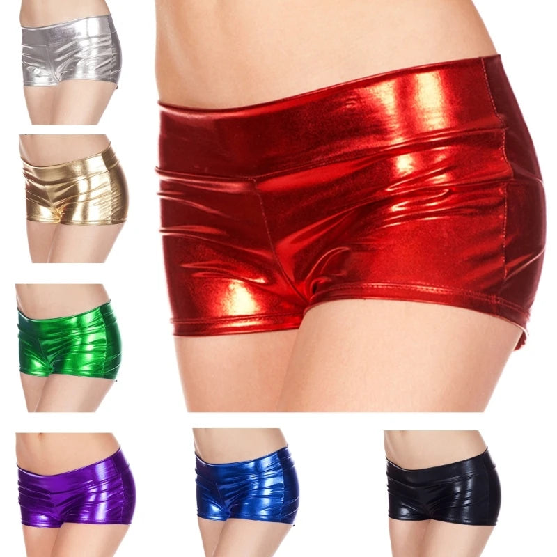 Women's Shining Metallic Booty Shorts Low Waist Dance Bottoms Faux Leather Hot Pants Dance Festival Costumes