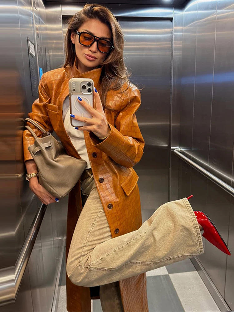Fashion Croc Pattern PU Leather Women's Jacket Stand Collar Oversize Long Sleeve Chic Coat  2026 Autumn Winter New Daily Wear