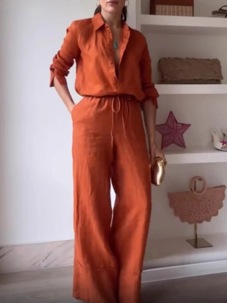 2025 Summer Fashion New Women's Commuting Style Women's Two Piece Set with Collar Single Breasted Shirt and Wide Leg Pants Set