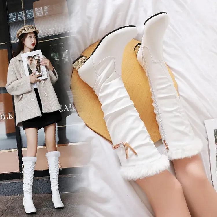 Winter Warm Knee High Boots Women Platform Wedges High Heels Snow Boots Slip on Winter Ladies Shoes White Black Pink 2025