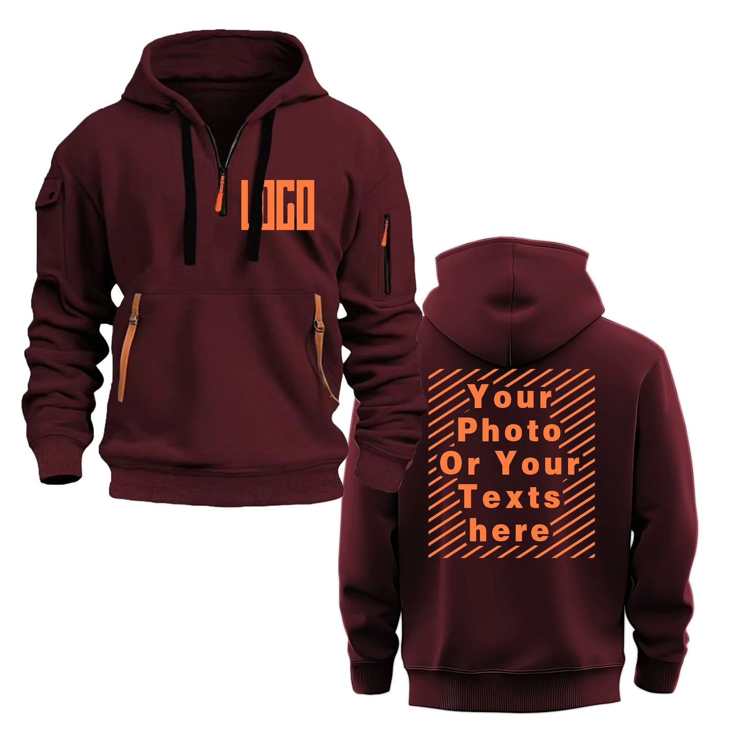 Men's and Women's Custom Printed Hoodies, Loose Casual Sportswear, Zippered Long-sleeved Hoodies with Pockets on the Sleeves