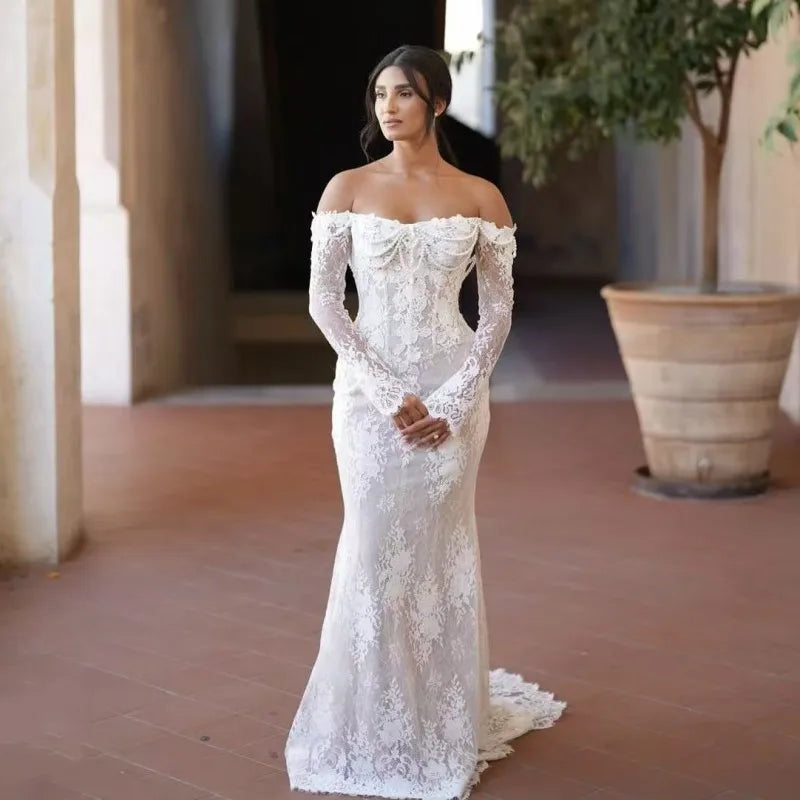 Fashion Lace Pearl Mermaid Wedding Dress Long Sleeve Elegant Off The Shoulder Boho Sexy Bridal Dresses