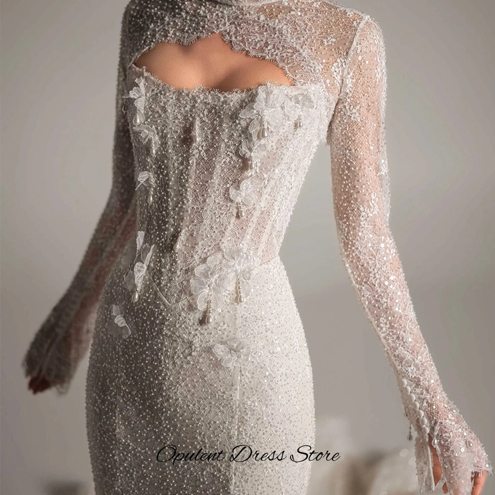Luxury Appliques Lace Customized Vestido De Novia Classic Long Sleeves High Collar Wedding Dress Mermaid Backless Bridal Gowns