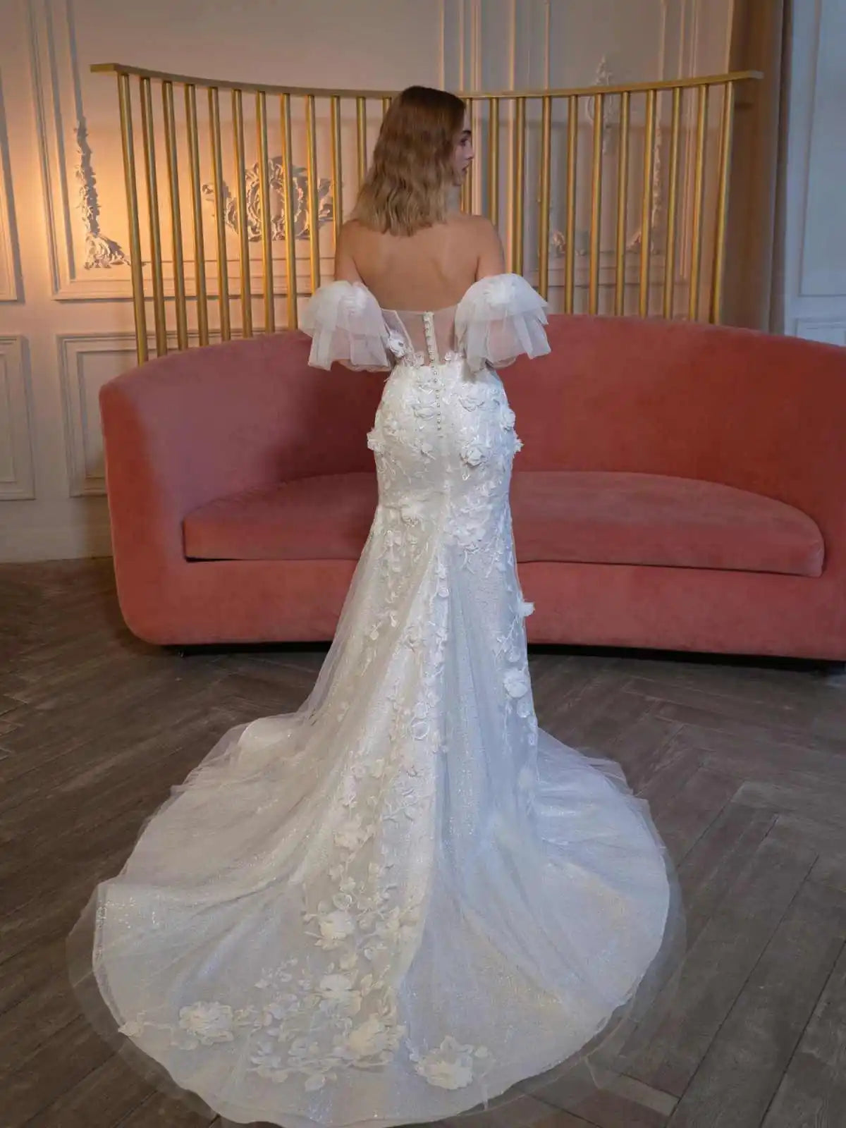 Customized 3D Flower Wedding Dresses Off Shoulder Appliques Lace Bridal Gowns Princess Pleats Beach Party Dress Women