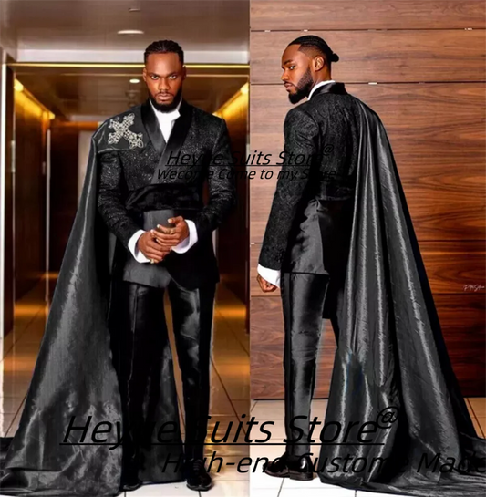 Customized Black Jacquard Shawl Lapel Jacket Pant Cape Groom Wedding Tuxedos Luxuly Male Prom Party Blazers Handsome Ropa Hombre