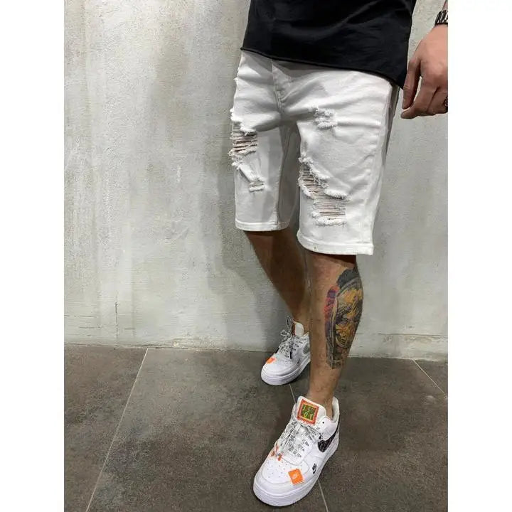2024 Ripped tassel denim shorts New  Summer Men's Personalized Washable Perforated Denim Pants Large Casual Middle Pants