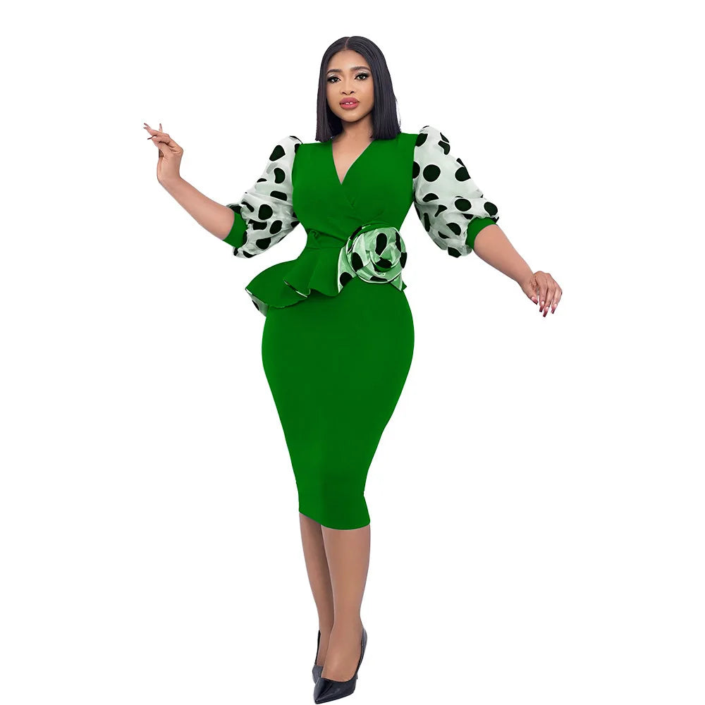 Elegant Dot Mesh Stitching V-neck Puff Sleeve Floral Appliques Bodycon Dress Women Ruffles Waist OL Even Party Dresses Vestidos