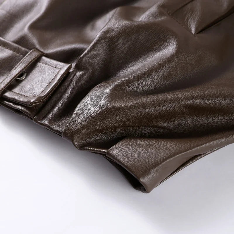 Casual Lapel Zipper Waist Belt Short Leather Jacket 2026 Women Loose Solid Pocket Pu Coat Autumn Lady Daily Highstreet Jackets