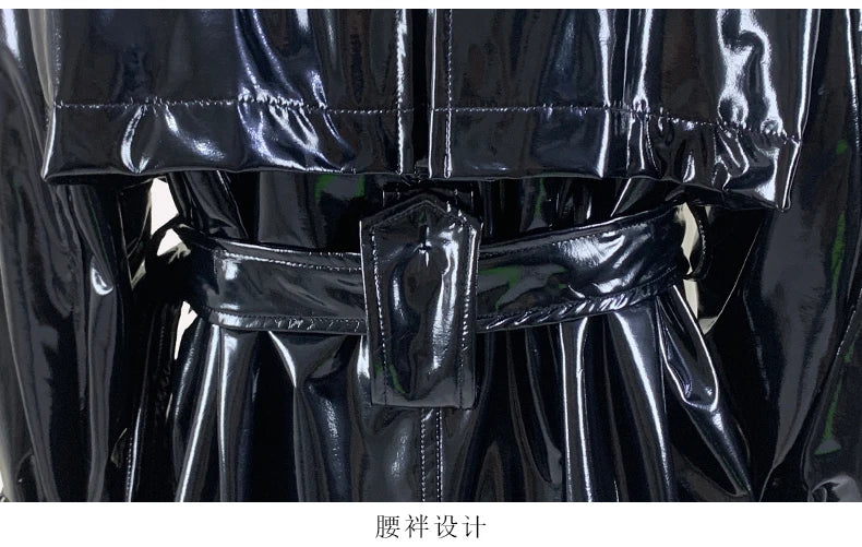 Nerazzurri Spring Autumn Oversized Thin Shiny Reflective Patent Leather Trench Coat for Women Double Breasted European Fashion
