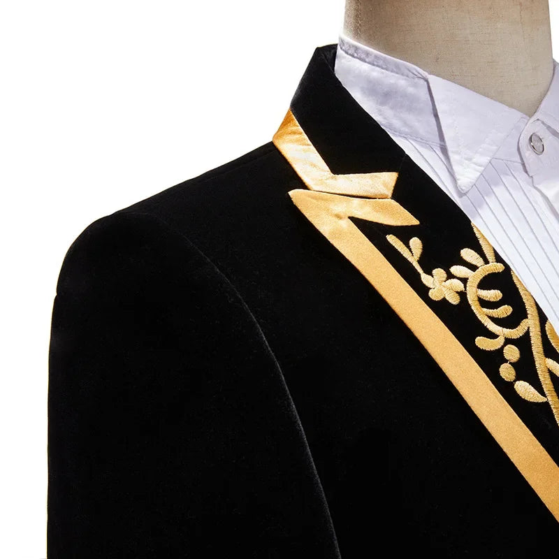 New Men High Quality Golden Velvet Embroidered Suit Slim Fit Jacket Fashion Homme Wedding Prom Party Luxury Dress Blazers