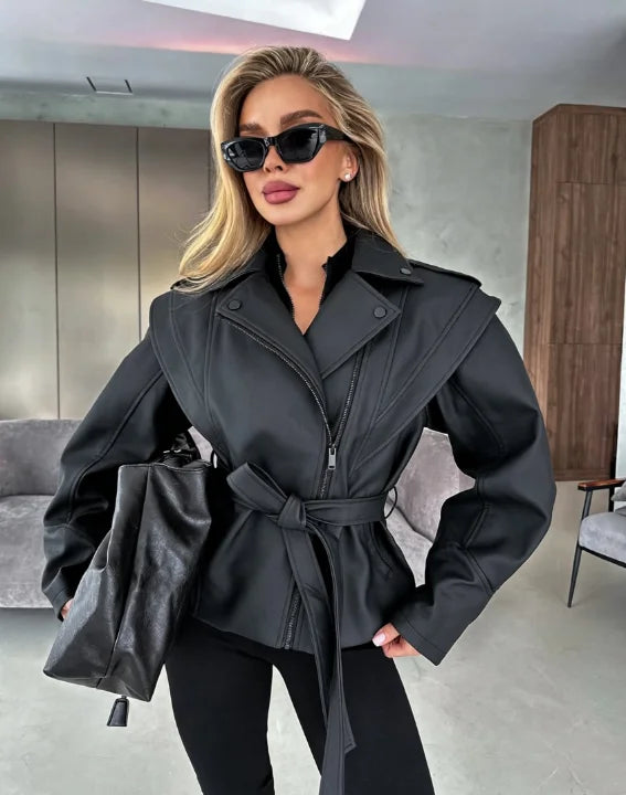 Women Black Lapel Collar Faux Pu Leather Jacket Fashion Full Zip Belted Waist-cinching Cropped Coat 2026 Autumn Daily Outerwear