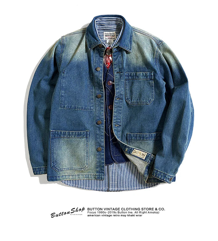 American Retro Thickened Heavyweight Men's Denim Jacket Casual Autumn Winter Workwear Outerwear Standard Fit Multi-Pocket Washed