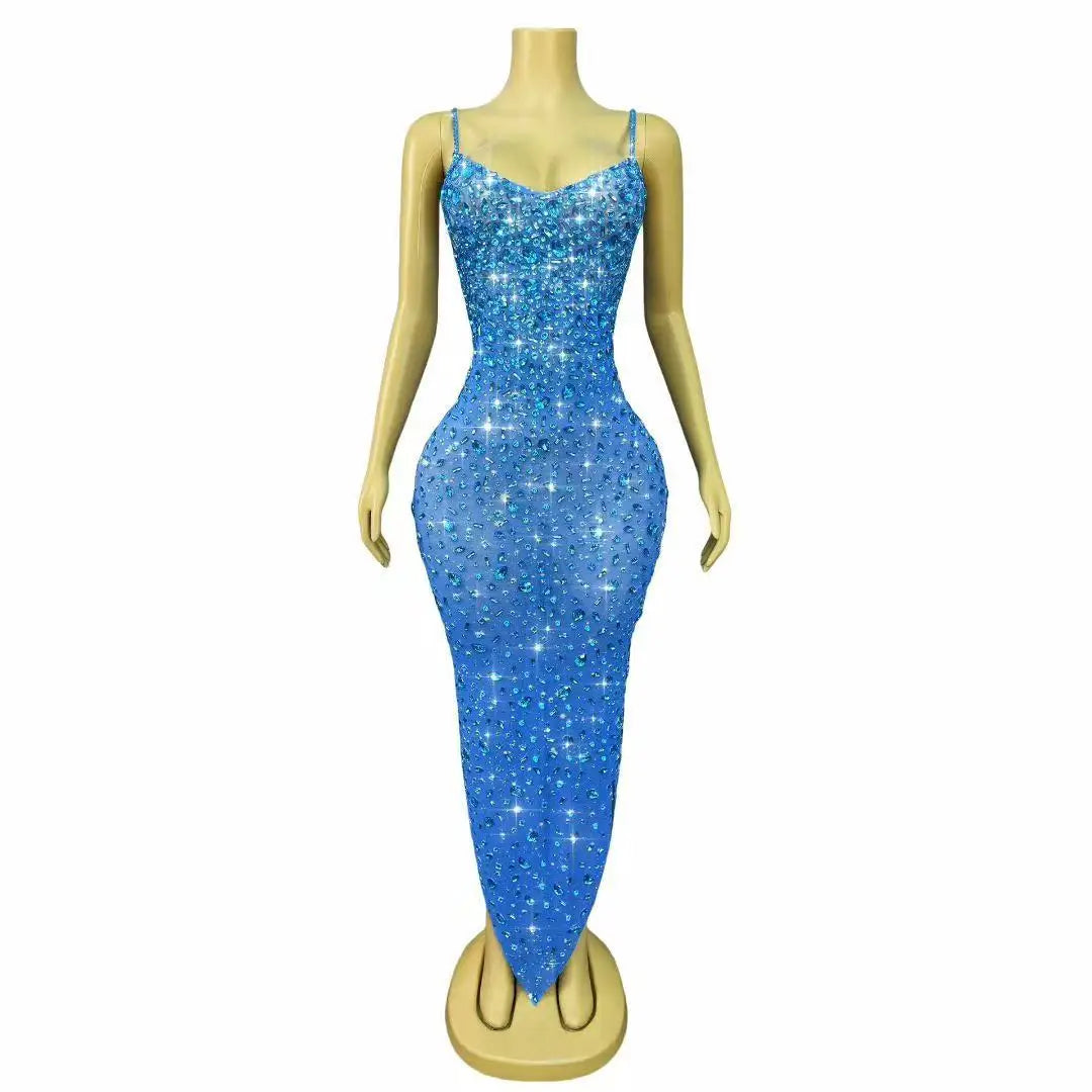 Women Birthday Evening Cocktail party Gown Red Carpet Club Stage Outfit Luxury Rhinestones Sexy Mesh See Through Bodycon Dress