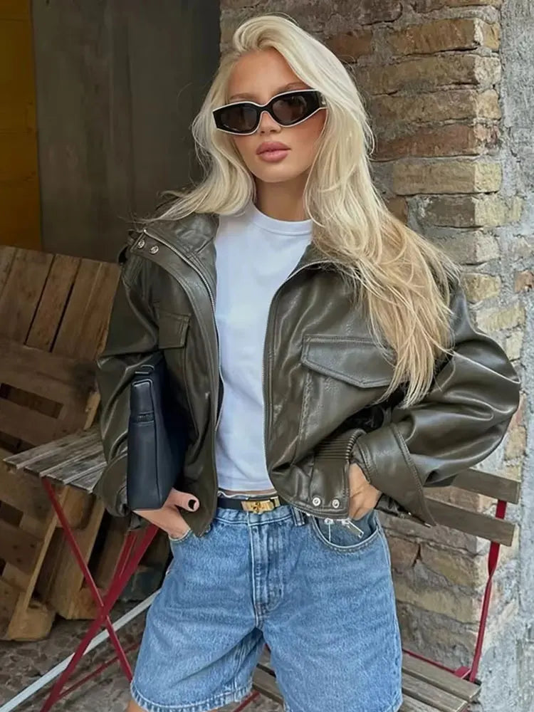 HH Women Faux Leather Cropped Jacket vintage Bomber Jackets With Pockets Long Sleeve Coats Zipper Overcoat Jacket For Woman