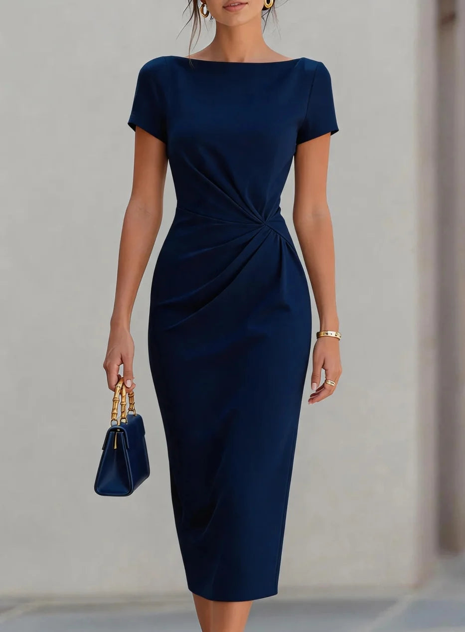 Women's Short Sleeve Twist Waist Midi Dress Bodycon Pencil Dress Elegant Office Party Cocktail Wear