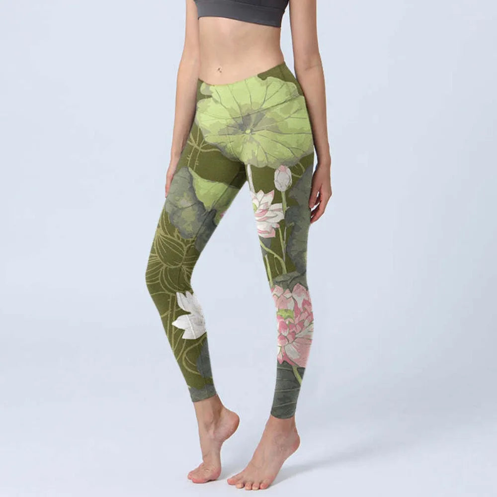 Women High Waisted Yoga Pants Tummy Control Leggings Floral Butterfly Landscape Printed Workout Gym Fitness Running Tight Pants
