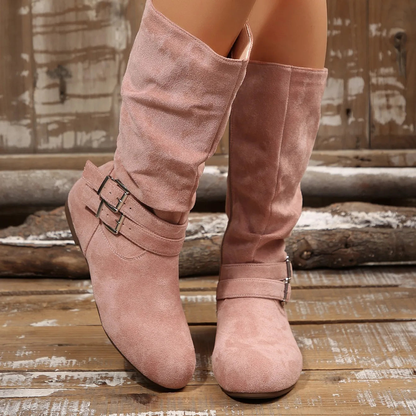 Spring Autumn Fashion Pleated Design Round Toe Women's Knee High Boots 2026 New Trend Buckle Strap Comfort Soft Sole Women Shoes