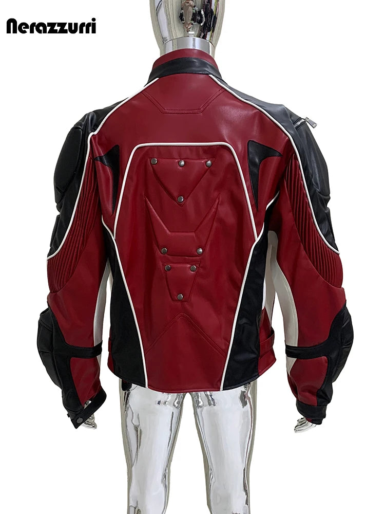 Nerazzurri Autumn Winter Short Color Block Pu Leather Racer Jacket Men Shoulder Pads Rivet Zipper Luxury Designer Clothes 2025