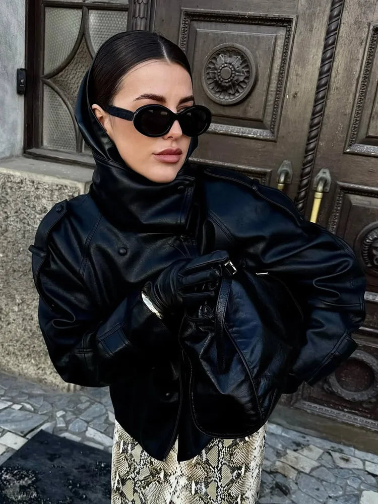 Street Black Women's Leather Jacket Autumn High Neck Double Breasted Full Sleeve Jackets 2026 Winter Lady Fashion Outwears