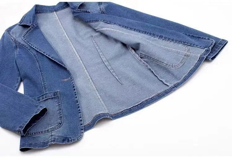 Spring Autumn New One Button Design Denim Jacket For Women Slimming Fit Suit Collar Solid Color Cardigan Blue Cowboy Outer Wear
