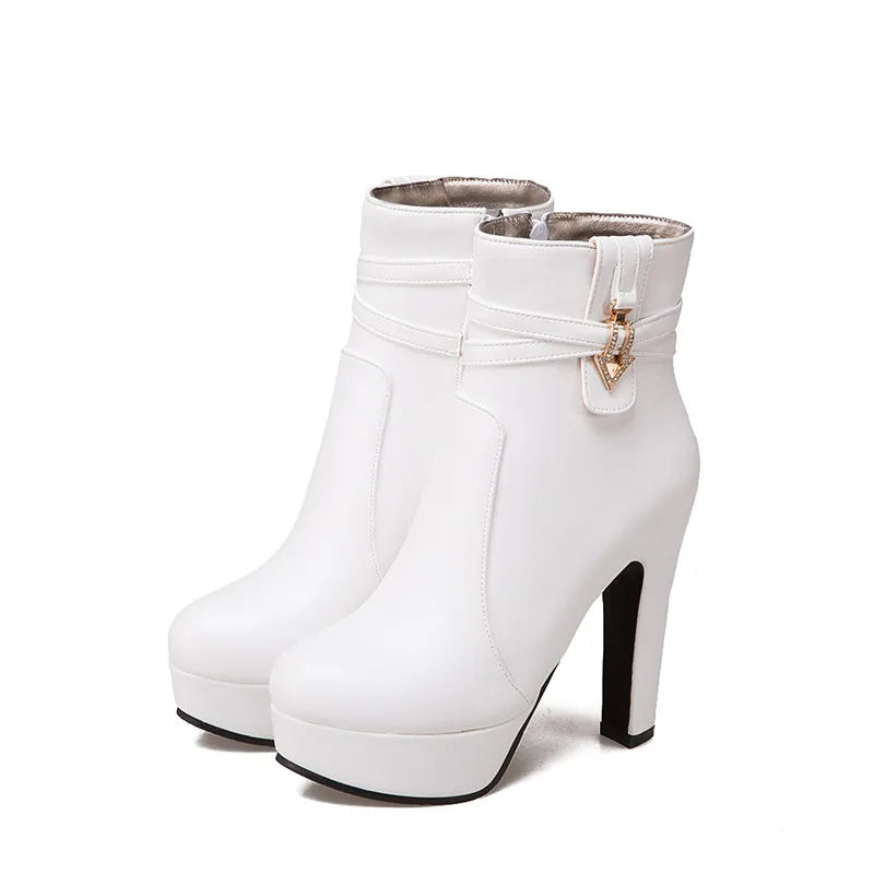 Women's White Ankle Boots Platform Shoes Fashion Buckle High Heels Yellow Black Autumn Winter Short Boot Ladies Large Size 50