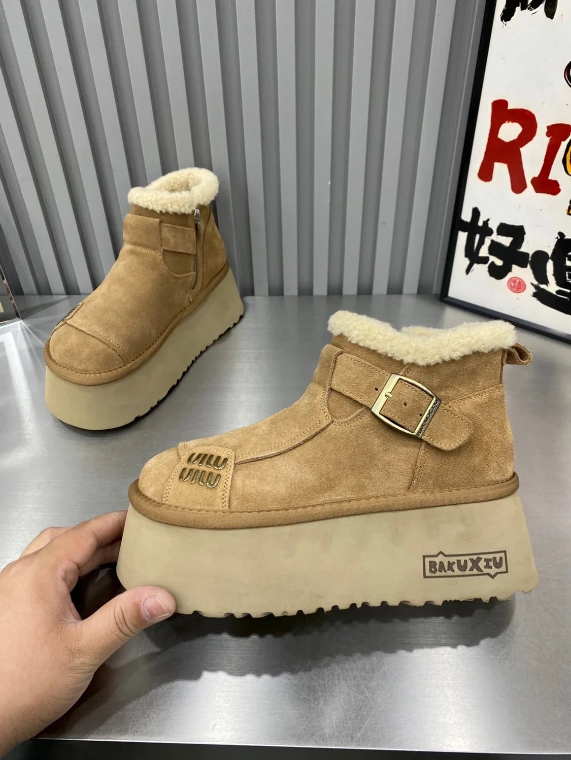 2024 New Fur Platform Women Ankle Boots Flats Suede Warm Shoes Woman Trend Designer Brand Short Plush Cozy Femme Snow Botas