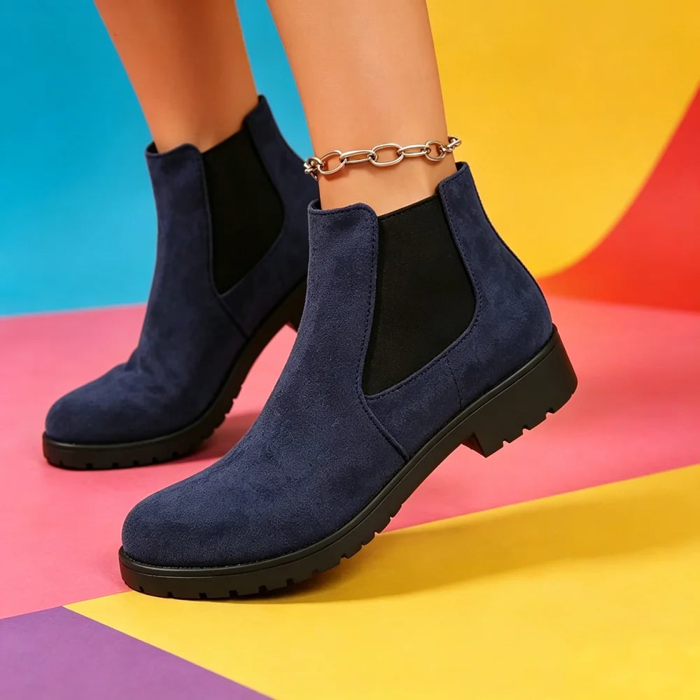 Women Suede Chelsea Boots Thick Sole Elastic Side Non Slip Casual Footwear All Season Daily Wear Comfortable Fit Chunky Design