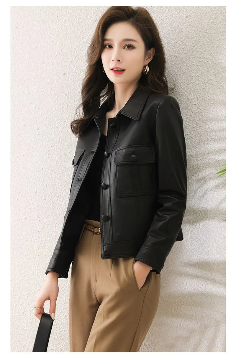 Lapel PU Leather Jacket Women 2026Spring Autumn New Coat Fashion Locomotive Goddess Overcoat High Quality Short Outerwear Female