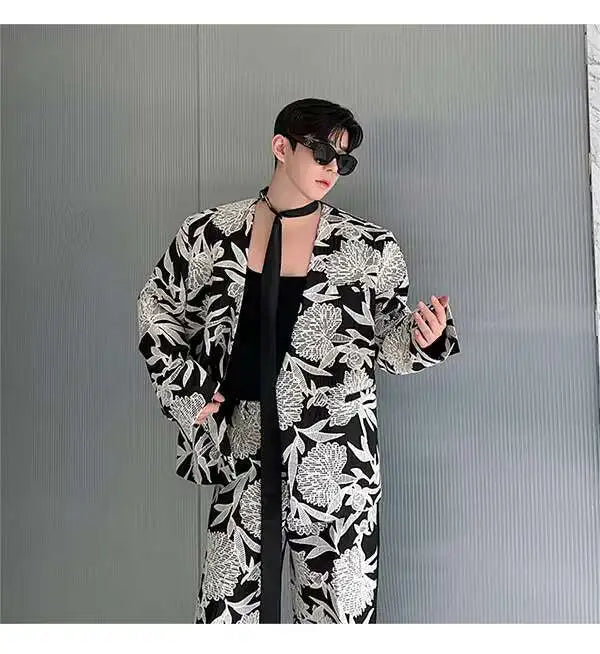 IEFB Niche Design Men's Two-piece Collarless Embroidery Blazer Loose Straight Suit Pants Contrast Color Male Sets New 9C7485