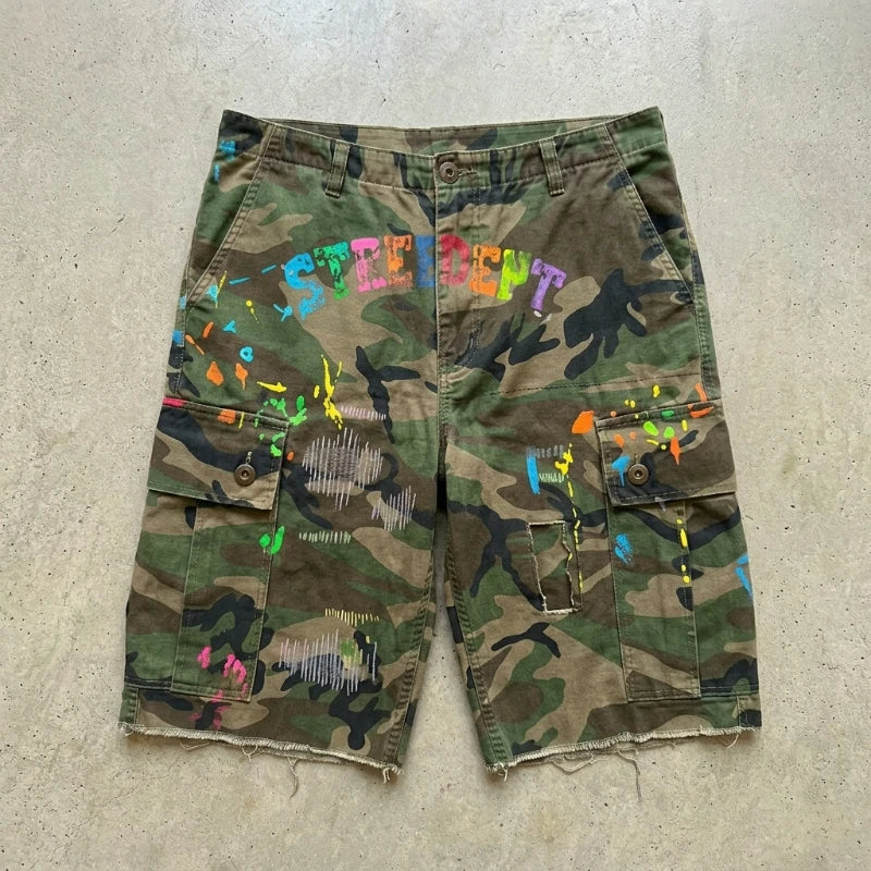 Y2k Camo Cargo Shorts Retro Graffiti Patched Hole Men Women Shorts American Hip Hop Trendy Streetwear Unisex Casual Baggy Shorts