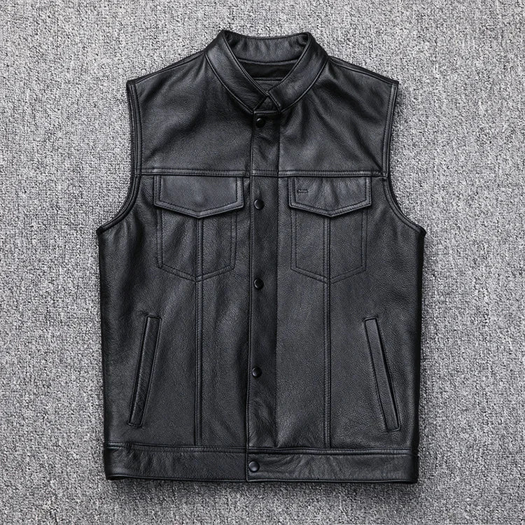 Purchase high-quality This year's trend men's leather vest stand up collar single breasted sleeveless outdoor vest punk jacket