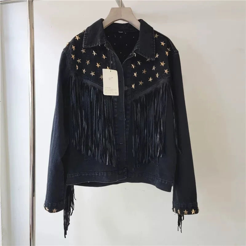 European and American style heavy industry embroidery splicing denim jacket 2025 new print loose casual denim women's jacket top