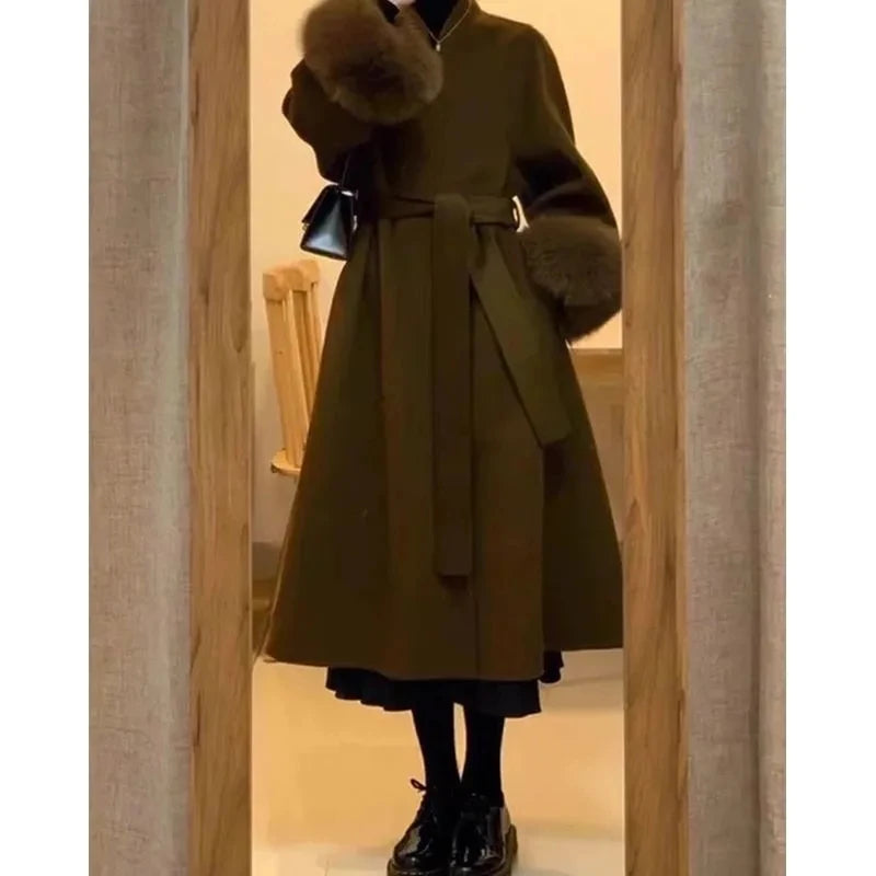 Women Autumn Winter Woolen Coat 2025 New High-End French Style Fur Sleeves Mid-Length Woolen Coat Women Long Coat Loose Outwear
