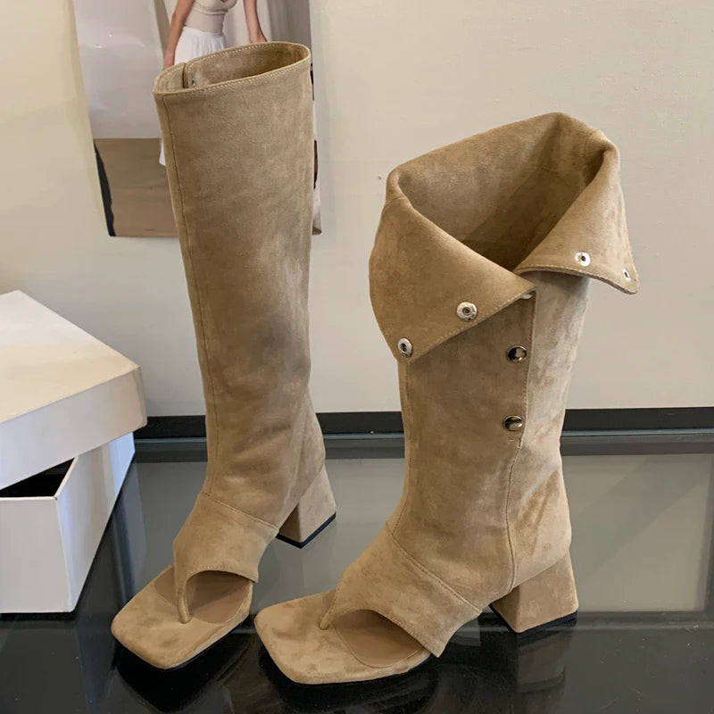 Eilyken Spring Autumn Square Clip Toe Women Knee-High Boots Sandals Fashion Vintage Low Heels Buckle Strap Shoes