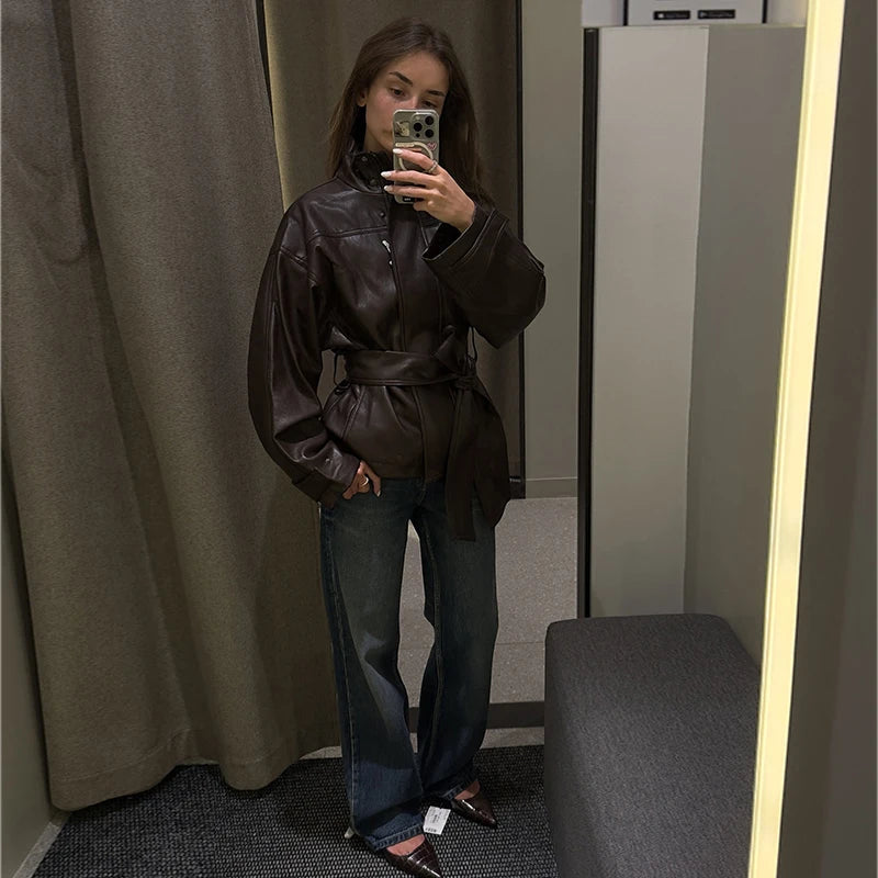 Belted Waist Stand Collar Women PU Jacket Drop Shoulder Long Sleeve Cuff Button Short Cropped Loose Faux Leather Jacket Commute