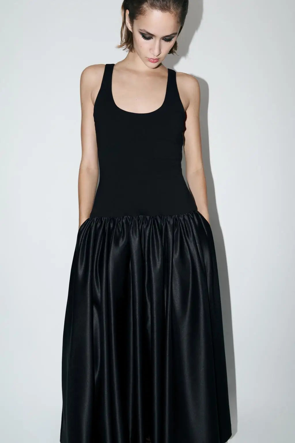 Winter New Wide oulder Strap Loose Vest Skirt Bla Splicing Dr Commute round Ne Single Piece Autumn Long Sve Asymm...