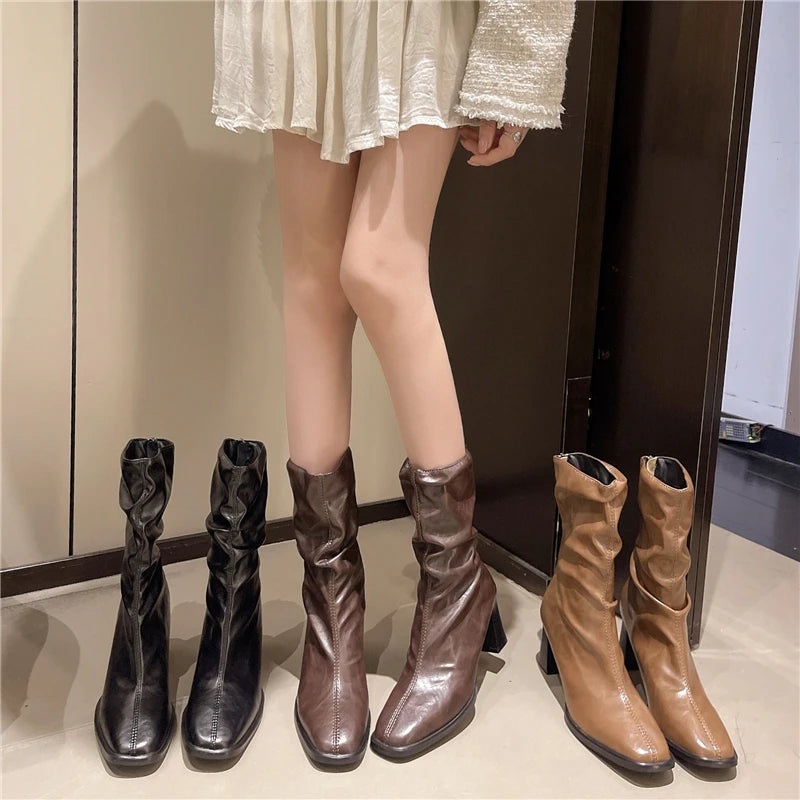 Winter Elegant Square Toe High-heeled Mid Top Boots Fashionable Hot Selling New Comfortable Large Size Thick Soled Women's Shoes