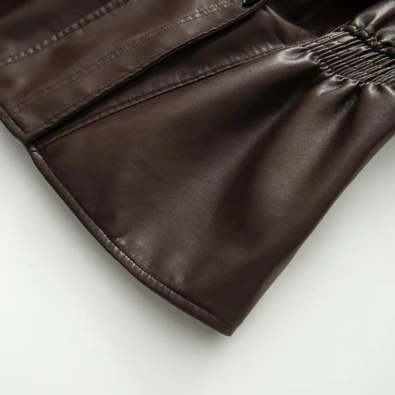New Fall Winter High Street Warm Brown Zipper Pu Leather Jacket Women Casual Lapel Elastic Waist Cinching Coat Outwear Clothes