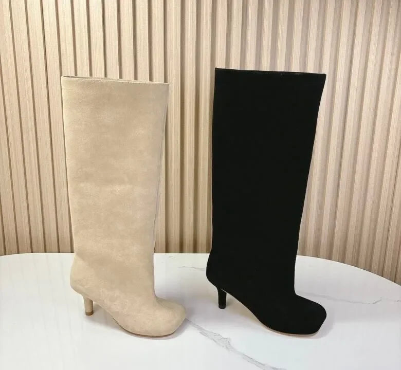 2025Women's Autumn and Winter New Slim Fit High Heels Knee High Boots Fashionable Plus Size Medium Long Boots Knight Boots