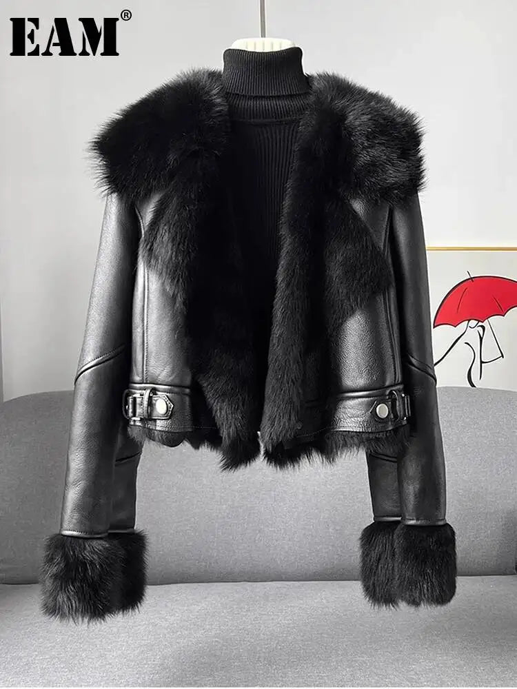 [EAM] Black Faux Fur Thick Big Size PU Leather Jacket New Lapel Long Sleeve Women Coat Fashion Tide Autumn Winter 2026 1DJ8775